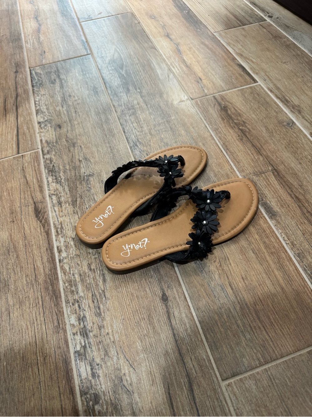 Y-Not? Black Floral Toe-Post Sandals with Tan Footbed